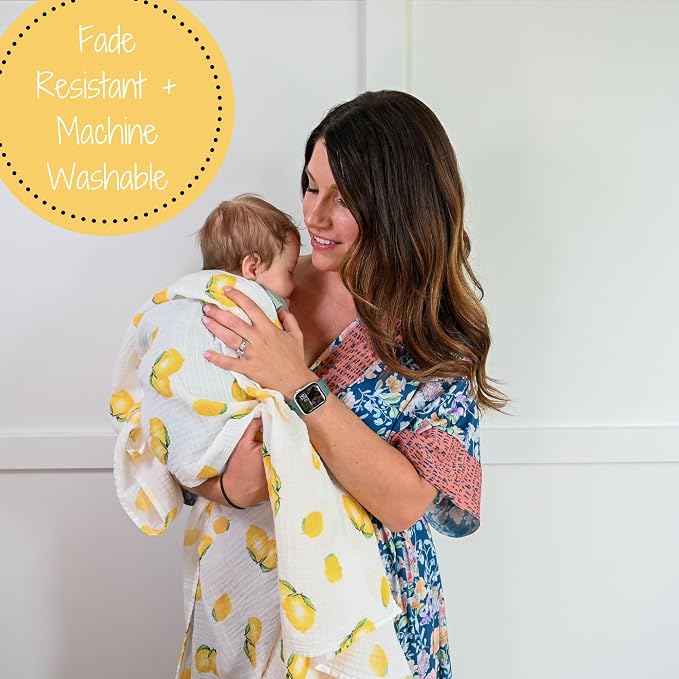 LollyBanks Muslin Swaddle Blanket |Baby Girl Fruit Pattern | Watermelons, Lemons, and Oranges |100% Cotton |New Borns and Infants |Large 47 x 47 inches |Machine Washable