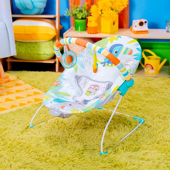 Bright Starts Baby Bouncer Soothing Vibrations Infant Seat - Removable -Toy Bar, Nonslip Feet, 0-6 Months Up to 20 lbs (Rainforest Vibes)