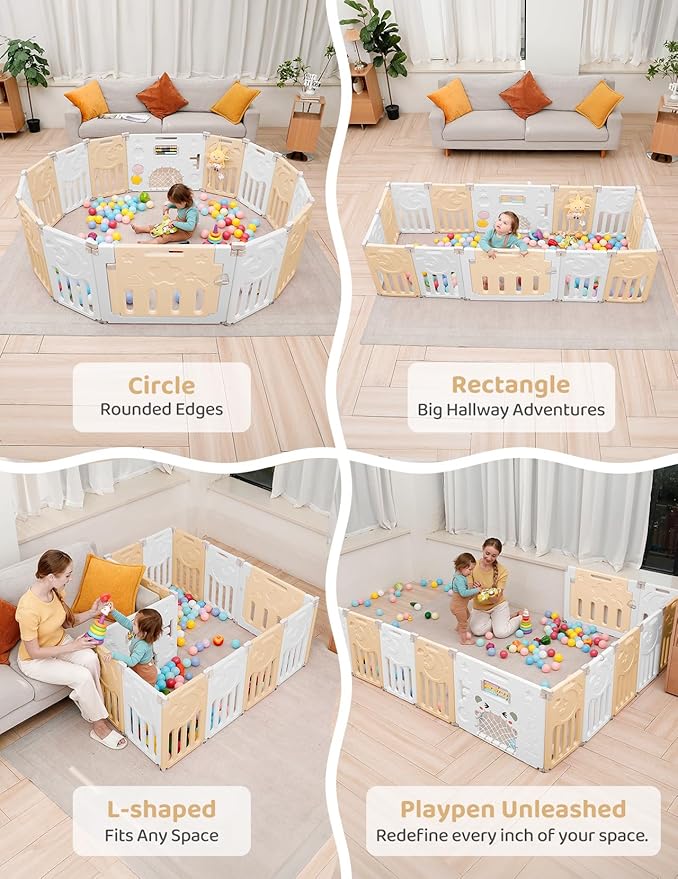 Baby Playpen, Dripex Baby Playard for Babies and Toddlers, 14-Panel Foldable Playpen Adjustable Portable Play Area, Indoor/Outdoor Kids Active Center with Game Panel & Safety Gate, Yellow White