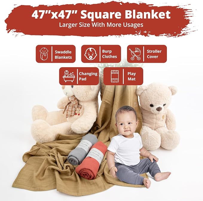 Organic Muslin Swaddle Blankets, 100% Organic Cotton, Baby Wrap for Boys and Girls, Soft Breathable and Skin-Friendly, Newborn Blankets, Baby Essentials, Registry&Gift, 3-Pack, Large 47 x 47 inches