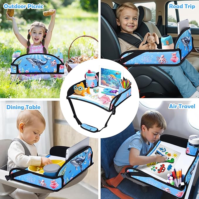 Kids Travel Tray for Toddler Carseat, Road Trip Activities Essentials for Toddler, Kids Lap Desk Tray with Tablet Holder Stand ï¼?Dry Erase Board (Whale)