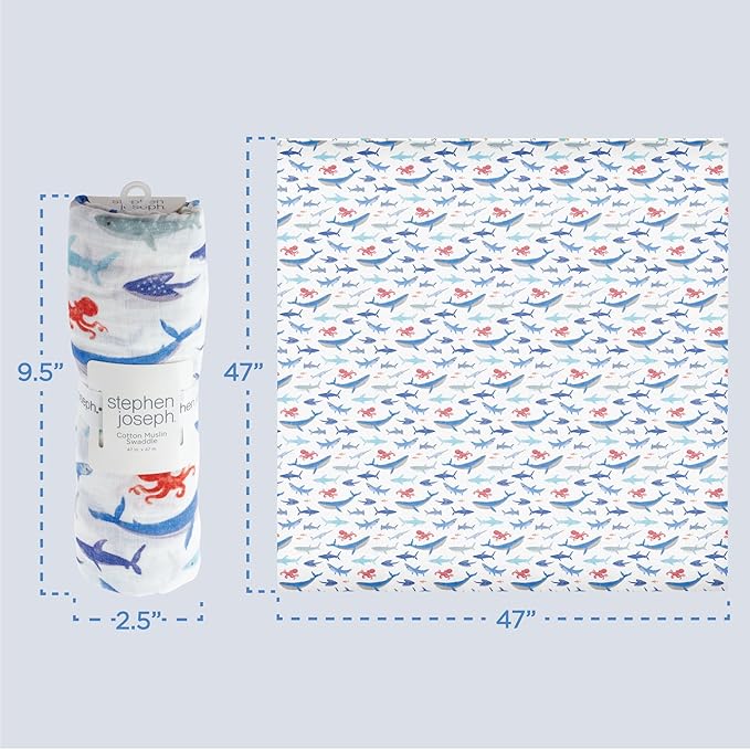 Stephen Joseph, Muslin Swaddle Blanket for Baby Girls and Boys, Newborn Receiving Blanket for Swaddling, 100% Cotton Baby Swaddle Wrap, Receiving Swaddle Wrap, 47 x 47 inches, Dino
