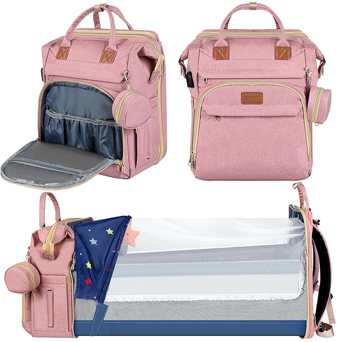 ZRSUN Diaper Bag Backpack with Portable Station & USB Port, Large Capacity Travel Baby Bag with Changing Pad, Waterproof Multi-Function Maternity Backpack for Mom & Dad (Pink)