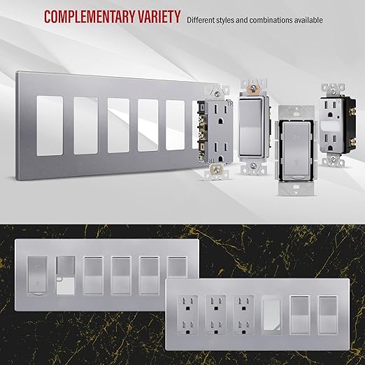 ENERLITES Elite Series Screwless Decorator Wall Plate Child Safe Outlet Cover, Gloss Finish, Size 6-Gang 4.68" H x 12.00" L, Unbreakable Polycarbonate Thermoplastic, SI8836-SV, Silver