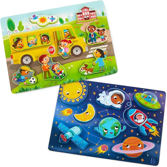 B. toys – Peek & Explore 2 – Pack – Outer Space & School Bus – Chunky Puzzle Pack – Puzzles for Toddlers, Kids – 8 Pieces Each – 2+ Years