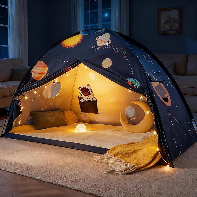 Tiny Land Space Galaxy Bed Tent for Kids ??Sleep Bed Canopy with 9 Planets Design, Easy-to-Install Indoor Kids Play Tent, Imaginative Playhouse, Ideal Gift for Boys & Girls ??77" x 40" x 46"