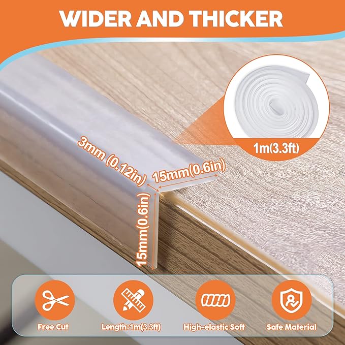 Loiion Edge Protector, 100% Silicone, Soft Corner Protectors for Kids, Pre-Tape Adhesive, Furniture-corner Safety Bumpers (3.3ft, Clear)