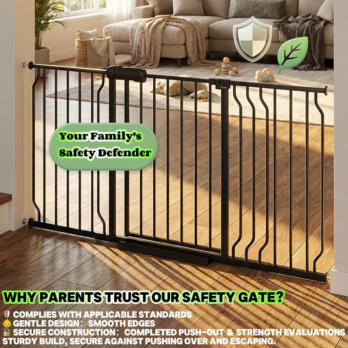 Extra Wide Baby Gates for Doorways 52.76"-62.20" Extra Wide Baby Gate Dog gate Pressure Mounted No Drilling with Walk-Through, Auto-Close & Dual-Direction Swing for Large Wide Opening Black