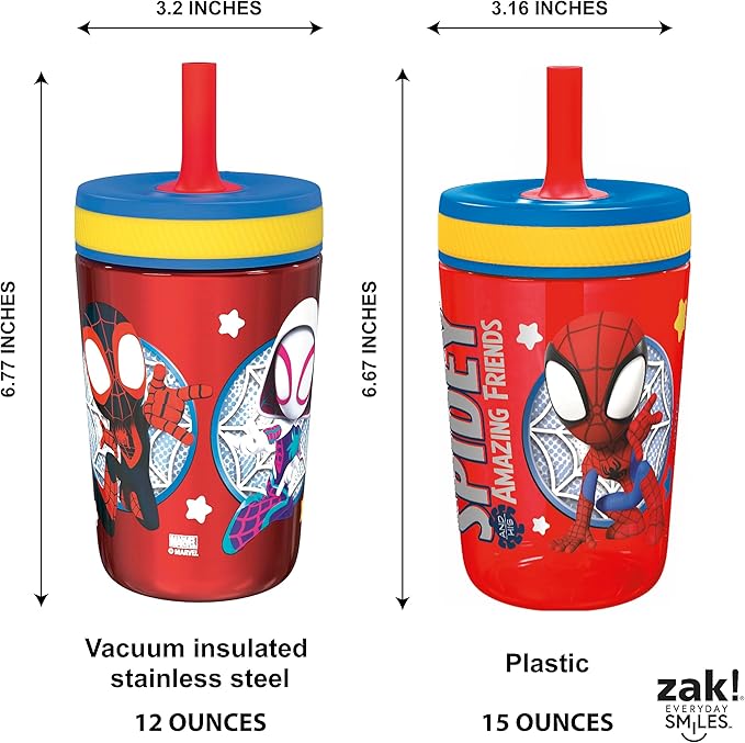 Zak Designs Spidey & His Amazing Friends Kelso Tumbler Set, Leak-Proof Screw-On Lid with Straw, Bundle for Kids Includes Plastic & Stainless Steel Cups with Bonus Sipper, 3pc, Non-BPA (Pack of 12)