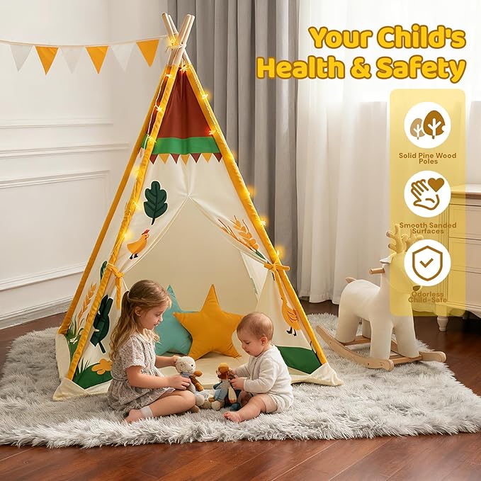 Teepee Tent for Kids, Play Tent with Padded Mat & Star Lights, Indoor Play Tent for Girls & Boys, Pastoral Chicken