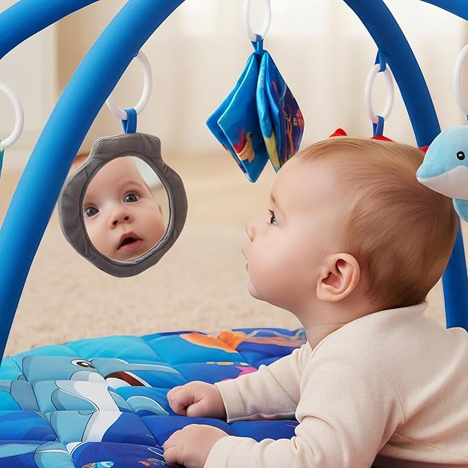 Yeeeasy Ocean Theme Baby Play Gym Mat, Tummy Time Activity Mat with 5 Detachable Marine Toys, Sensory & Motor Skill Development for 0 3 6 9 12 Month Baby and Newborns, Vibrant Deep Blue