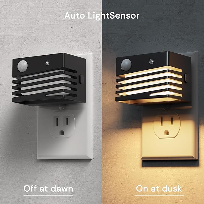 L LOHAS LED Plug in Motion Sensor Night Lights, Dusk to Dawn Sensor, [2 Pack] Dimmable Night Light Plug into Wall, Adjustable Brightness, 3000K Soft White for Bedroom Bathroom Hallway (Black)