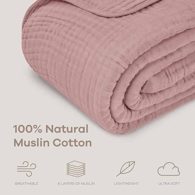Comfy Cubs Muslin Blanket for Adults Queen 90" x 90" - 6 Layer Soft, Breathable & Lightweight Muslin Adult Blanket - Machine Washable & Designed in The US Bedding for All Seasons - Mauve