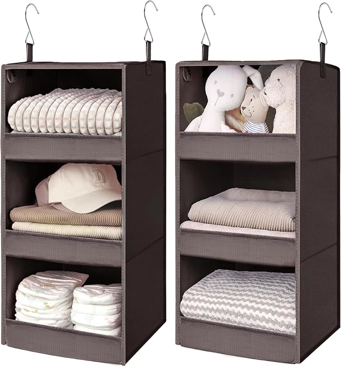 GRANNY SAYS 3 Shelf Hanging Closet Organizers and Storage, Collapsible Closet Storage Organizer with 2 Metal Hooks, Leak-Proof Hanging Shelves for Baby Clothes, Sweaters, 2 Pack, Dark Brown