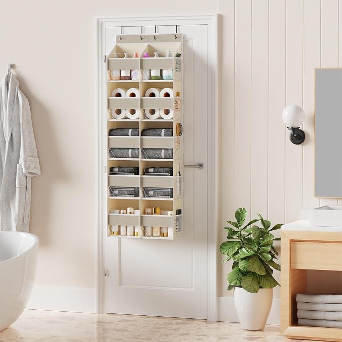 MAX Houser 5-Shelf Over The Door Hanging Organizer with 4 Metal Hooks，5 Pocket Over The Door Wall Mount Storage with Clear Windows for Bathroom Closet,Bedroom(Beige)
