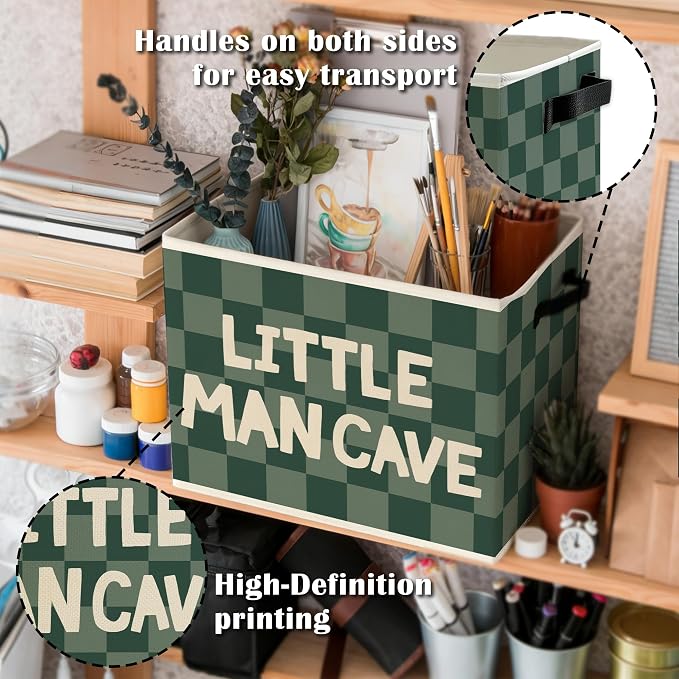 Little Man Cave Boys Storage Bins Box with Handles, Green Checkered Pattern Collapsible Basket Organizer for Kids Boys Playroom Nursery Room Bedroom Bathroom Toys Books Clothes
