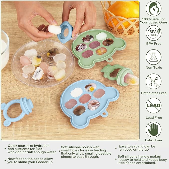 WAJIAYON Baby Breastmilk Popsicle Molds & Babies Fruit Feeder (4 Pack), Infant Food Freezer Tray Storage Containers, Silicone Teething Pacifier Feeder and Teether for Babies,Baby Feeders（Green）