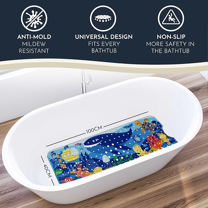 Bath Tub Mat Non Slip Anti Mold for Kids BPA Free INCL Hooks - homerella® Ocean Sea Animals 40x16, Baby Bath Mat Non Slip 200 Suction Cups, Non Toxic Machine Washable Toddler Bath Mat, EU Certified