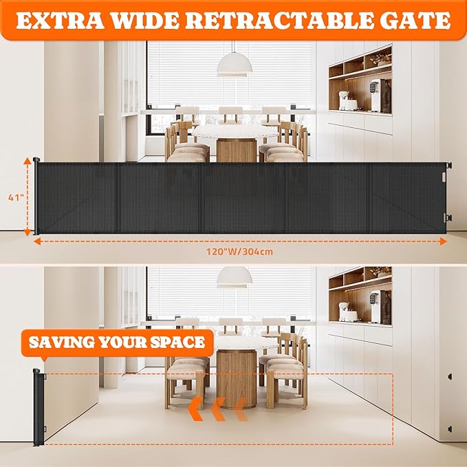 Pawtners Retractable Baby Gates Extra Wide, 41" Tall Extends up to 120" Wide, Dog Gate Indoor for Stairs, Pet Gate with Support Rods for Doorways Hallways Indoor & Outdoor-Black
