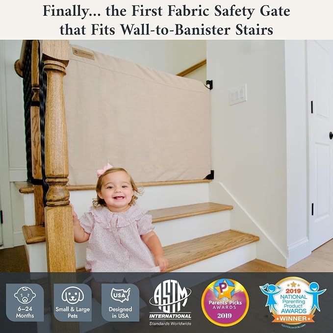 The Stair Barrier First Fabric Wall to Banister Baby Gate for Stairs 36”–43” Wide x 32” Tall – Dog Gate for Stairs, for Top or Bottom Staircase, Machine-Washable, Climb Proof, Designed in USA – Beige