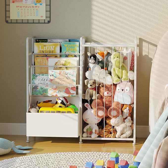 BBLIKE Kids Bookshelf and Stuffed Animal Storage - Multi-Function Nursery Book Shelves with Leather Toy Box and PVC Book Display, Toy Organizer for Playroom, Bedroom, Nursery, White