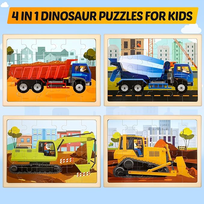 Wooden Vehicle Puzzles for Kids Age 3 4 5 Year Old, 4 Pack 24 Pcs Montessori Toddler Jigsaw Puzzles for Girl boy Activities Preschool Learning Educational Birthday Gift Travel Autistic Wooden Toys