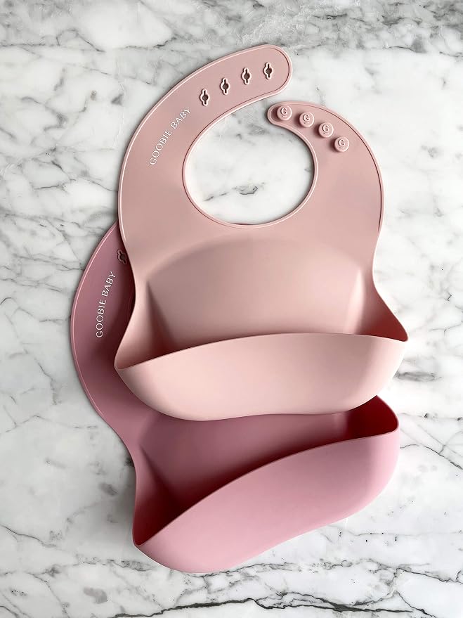 Goobie Baby Silicone Baby Bib with Food Catcher - Adjustable Waterproof Feeding Bib for Babies & Toddlers 4 to 36 Months for Girl and Boy - Modern, Soft, Easy to Clean (2 Pack - Blush/Rose)