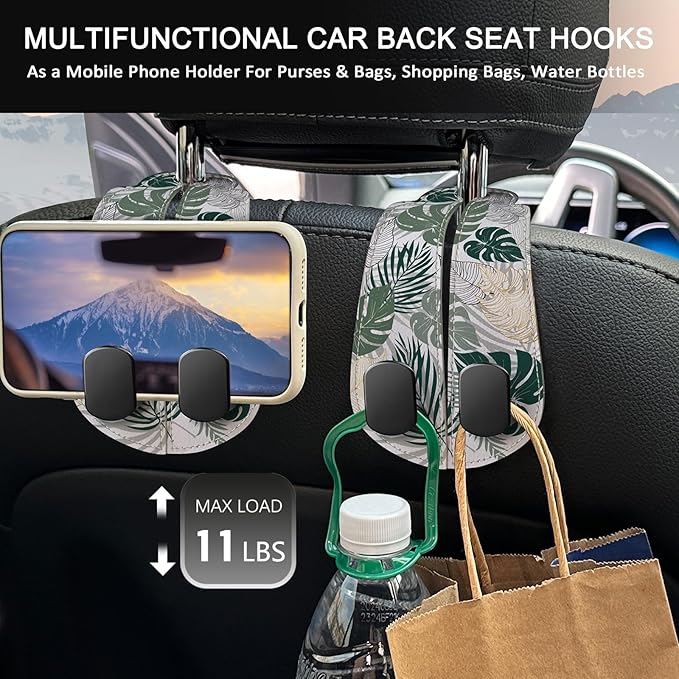 Blusabaca 2PCS Car Seat Back Storage Headrest Hooks, Tropical Leaf Purse Holder Bags Hanger, PU Leather Double Metal Hook for Backseat Organizer, Women Car Accessories Organization