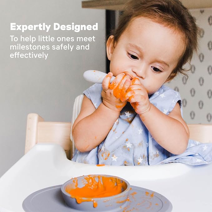 ezpz Tiny Cup (Blue) + Tiny Spoon (2 Pack in Pewter) - baby essentials, cup and spoon