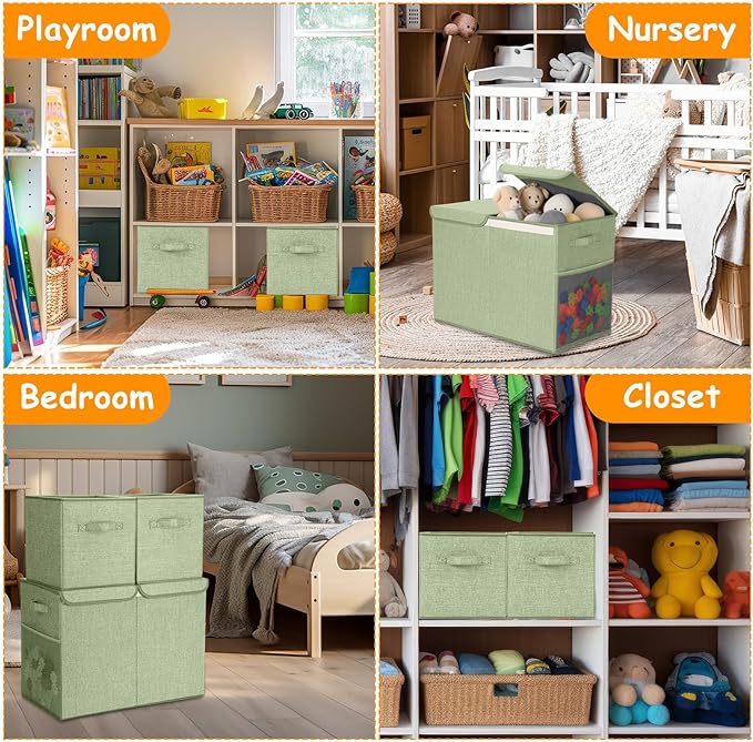 3 Pack Large Storage Bins Set 23" Toy Chest Storage with Lids and 11" Cubes Organizer Bins for Kids Bedroom Closet Shelf Organizer for Clothes Blankets Nursery Playroom(Green)