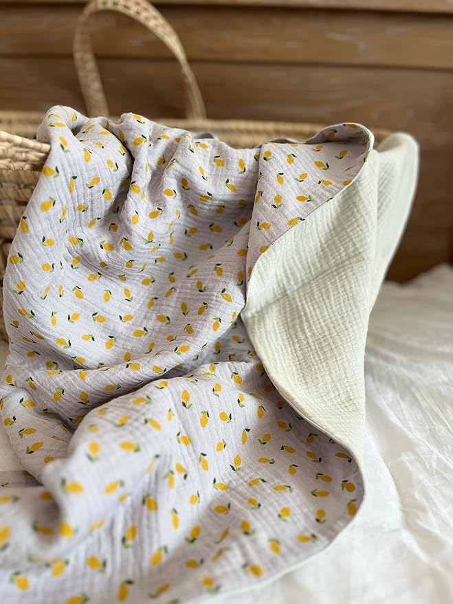 Leyl&Ari Muslin Quilt Blanket | 100% Organic Cotton | Toddler Crib Blanket | Made in USA (Little Lemons)