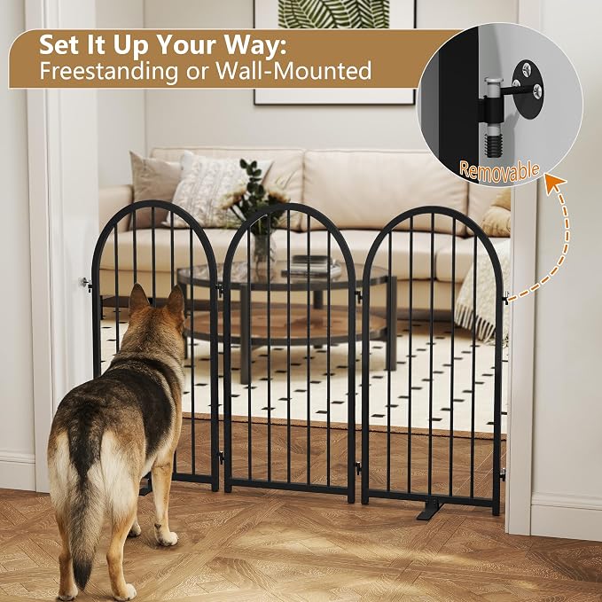PUPETPO Full Metal Dog Gate with Door for Indoor Outdoor, 32" Tall Free Standing Pet Dog Fence, 108" Extra Wide Pet Gates for Stairs, Hallways, Doorways, Kitchen, Decks, Yards (Black, 6 Panels)