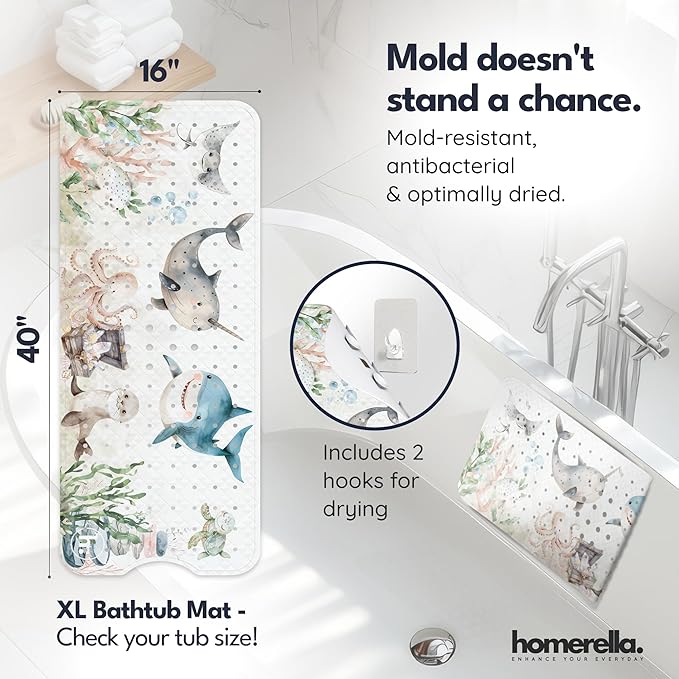 Bathtub Mat Non Slip Anti Mold Kids 35x16- homerella® Bath Mat for Tub, BPA Free,Incl. 2 Hooks, Washable Shower Mat Non Slip Anti Mold,Shower Mats for Inside Shower,EU Certified