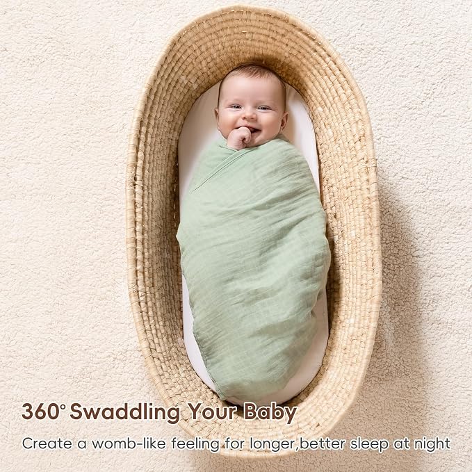 david's kids 4 Pack Baby Muslin Swaddle Blankets 47" x 47", 100% Cotton Swaddle Wrap for Boys Girls, Ultra Soft Breathable Receiving Blanket for Newborns, Dusty Blue & Sage Green & White Cap & Sepia