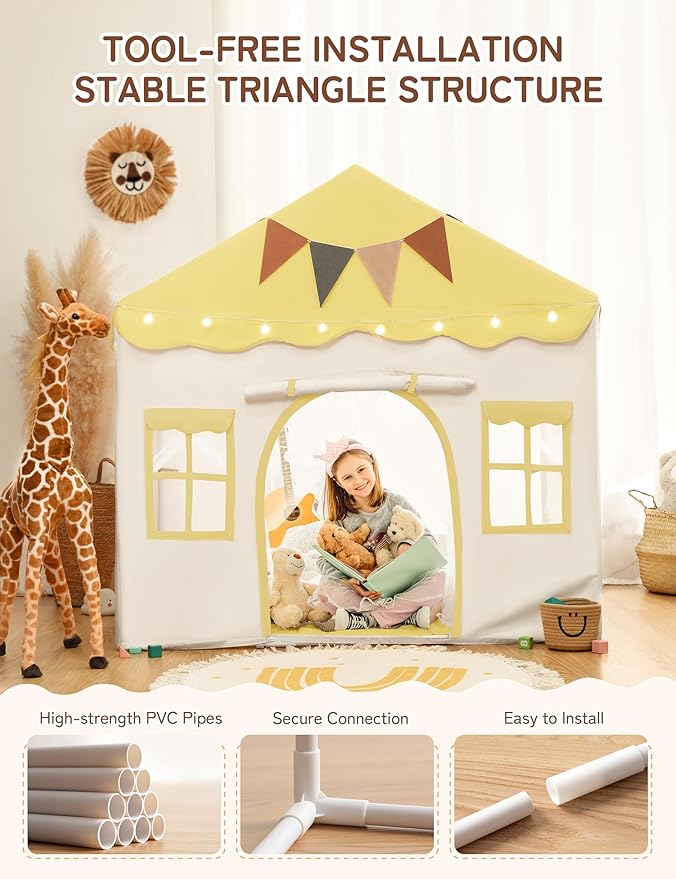 Besrey Kids Play Tent 2 in 1 with Padded Mat and Lights, Large Kids Playhouse with 2 Doors & 4 Windows, Indoor & Outdoor, Christmas Toddler Tent, 51" x35" x 51" (Yellow)