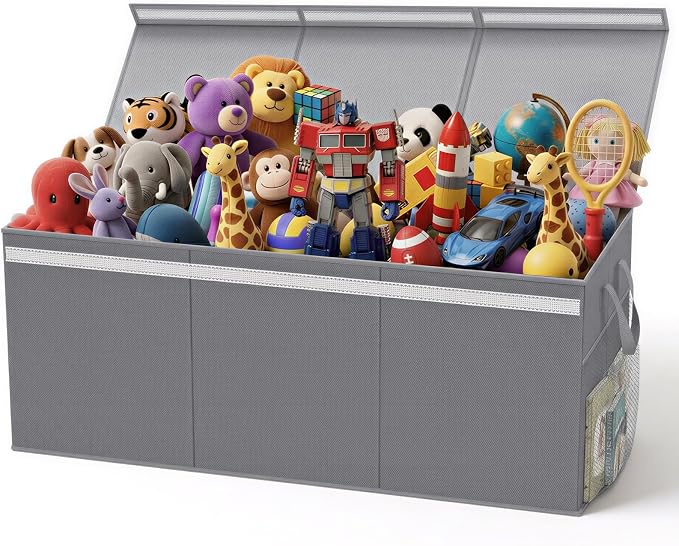 Lewondr 160L Extra Large Toy Storage Organizer with Lid, 40"x16"x16"Collapsible Sturdy Toy box, Toy Chest for Boys Girls, Toybox Storage Bins with 3 Removable Dividers for Living Room, Nursery, Grey