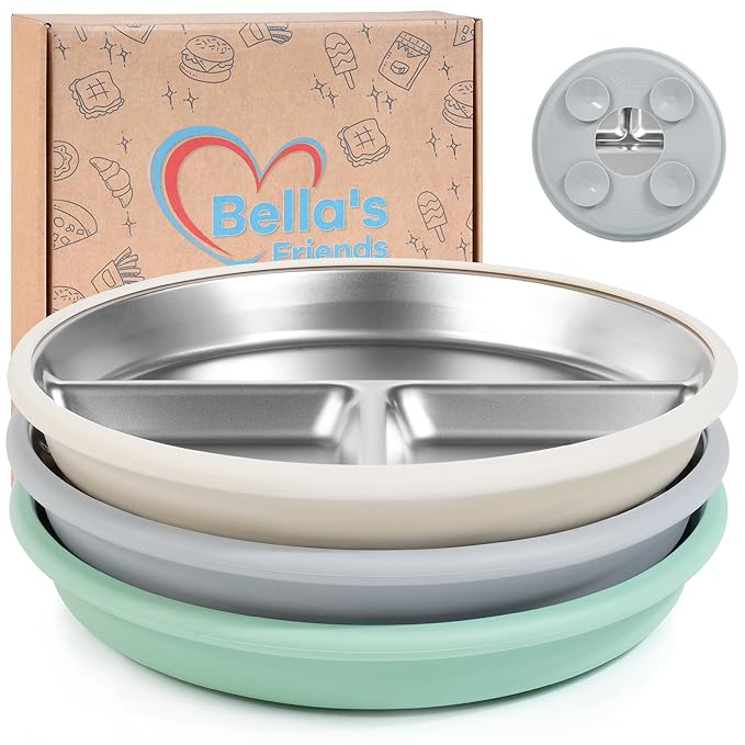 Bella?™s Friends Stainless Steel Baby Plates with Suction 3 Pack, 8??Divided Toddler Plates with Removable Silicone Sleeves for Mess-Free Feeding, Non-Toxic, Non-Slip, Dishwasher Safe, beige,gray,green