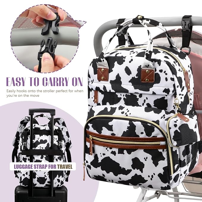 Tuwubi Diaper Bag Backpack, Baby Essentials Travel Tote Bag, Multi function Waterproof Backpacks, Travel Essentials with Stroller Straps & Pacifier Case - Cow Print
