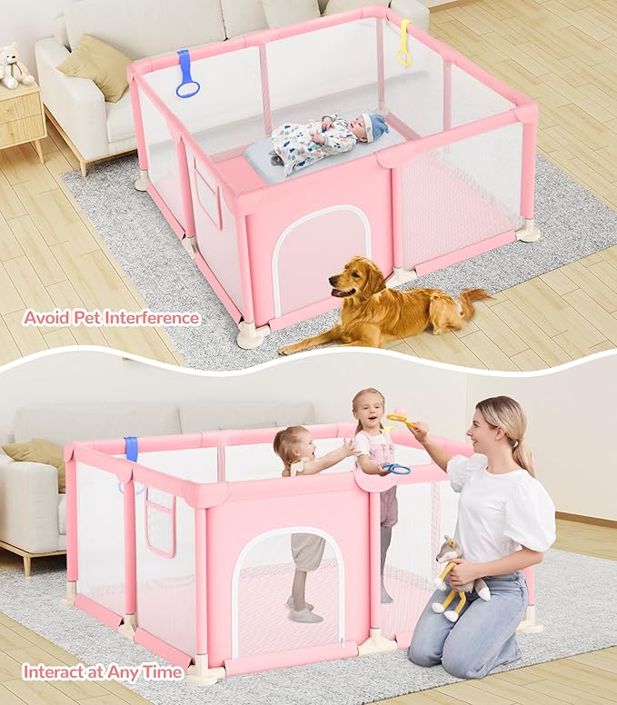 Dripex Baby Playpen, 50"x50" Small Playpen for Babies, Enhanced Safety Baby Play Yard for Indoor & Outdoor, Infant Play Pen with Soft Breathable Visible Mesh, Anti-Fall Design & Easy Setup, Pink