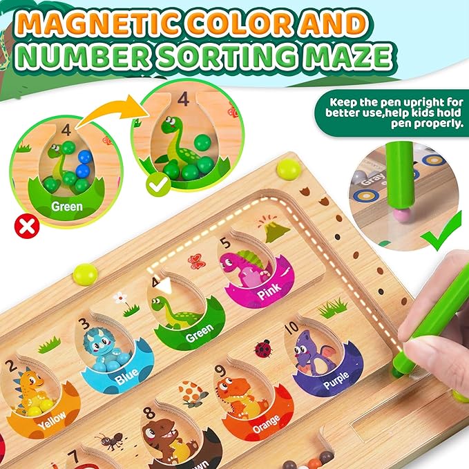 Busy Board Travel Toys for Toddlers Kids Wooden Montessori Toys Magnetic Color and Number Maze Puzzle, Dinosaur Learning Education Toys for Fine Motor Skills, Easter Basket Stuffers (Small)