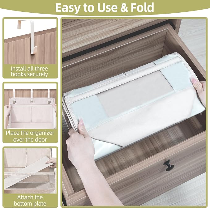 Over Door Organizer with 6 Extra Large Pockets 12 Side Pockets, Sturdy Closet Storage Rack, Hanging Storage Organizer with Clear Window for Shoes, Diaper, Bedroom, Bathroom, Beige, 3-Pack