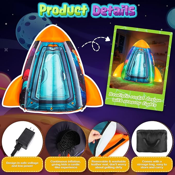 Subao Rocket Inflatable Light Up Sensory Tent for Kids with Autism,Blow Up Kids Tent for Home Classroom Indoor Play,Autism Sensory Products for Calm Corner,Birthday Xmas Gifts for Children