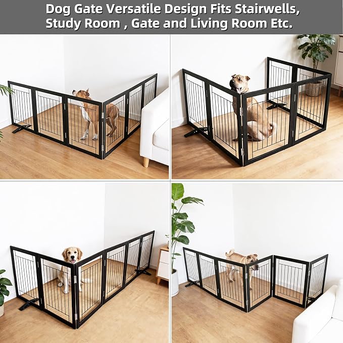 Dog Fence Indoor - 6-Panel Freestanding Dog Gate for Doorways, Hallways, House or Stairs -120x32-Inch Retractable Foldable Expandable Wood Pet by SFJC (Black)