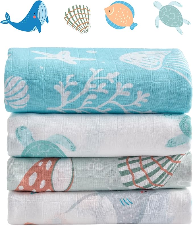 Muslin Swaddle Blankets for Newborn, 4 Pack Large 47"x47" Soft Breathable Bamboo Cotton Baby Blanket, Lightweight Receiving Blanket for Boys and Girls, Ocean Friends