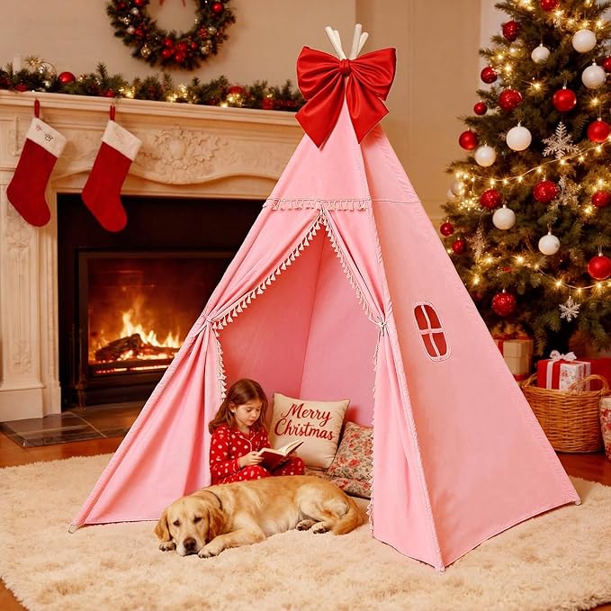 Sumbababy Large Teepee Tent for Adults & Kids, Cotton Canvas Foldable Indoor Tent for Toddlers, Sleepover Gift Toy for Girls & Boys, Washable Slumber Party Tent for Party Decor, Pink