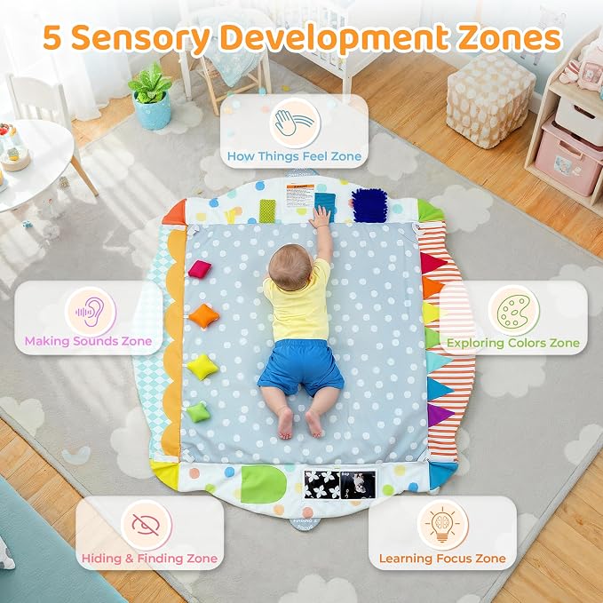 Kizfarm Baby Play Gym Mat, 5 Developmental Zones Wooden Tummy Time Mat, Baby Activity Mat with 5 Detachable Sensory Toys, Stage-Based Development from Newborn Infant, Baby Essentials Shower Gift