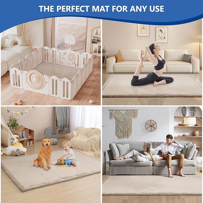 Baby Play Mat for Floor,1.3" Thick Elasti Foam Tummy Time Mat,79"×158??Extra Large Soft Coral Velvet Nursery Rug,Non Slip Safe for Crawling,Toddlers,Infants,kids,Tatami Style for Living Room,Classroom,Playroom(Beige)