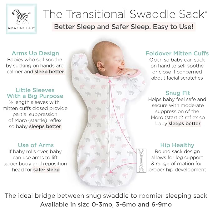 Amazing Baby Transitional Swaddle Sack, Arms Up Half-Length Sleeves & Mitten Cuffs, Swaddle for Newborn Transition to Baby Sleep Sack Wearable Blanket, Large, 6-9 mo, 21-24 lb, Pink Tiny Elephants