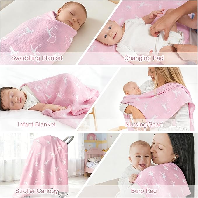 Muslin Swaddle Blankets for Newborn, Large 47"x47" Soft Breathable Bamboo Cotton Baby Blanket, Lightweight Receiving Blanket for Boys and Girls, Happy Movement