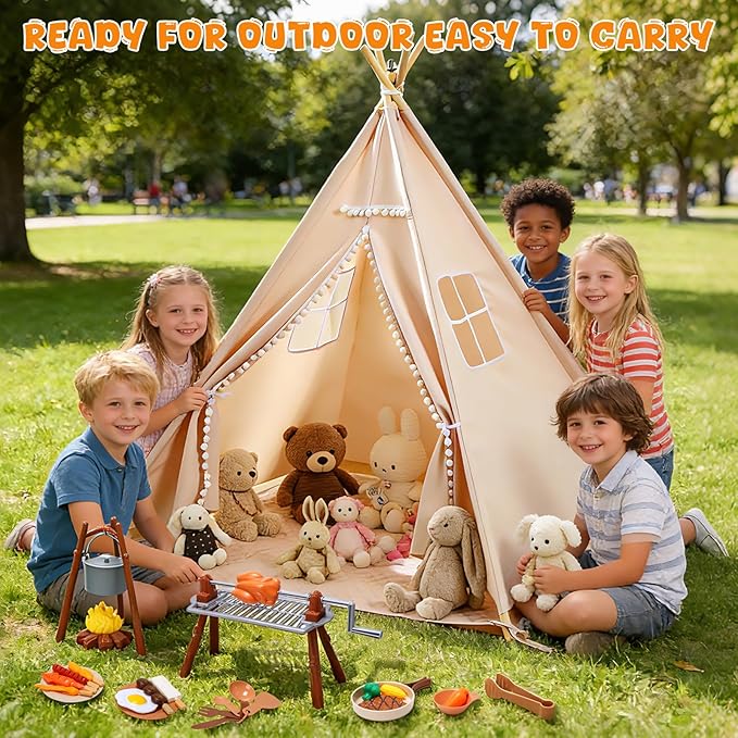 Teepee Tent for Kids with BBQ Pretend Play Toys, Spacious 60??Kids Play Tent Indoor & Outdoor, Foldable Playhouse with Mat & Star Lights, Washable Camping Toys Gift for Boys & Girls Ages 3??